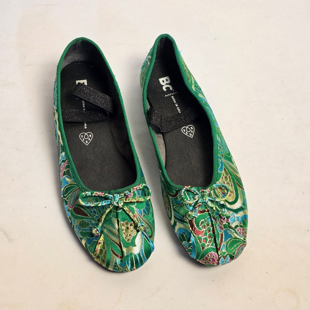 BC Footwear Green Brocade Paisley Vegan Ballet Flats Mary Jane Shoes Womens 9
